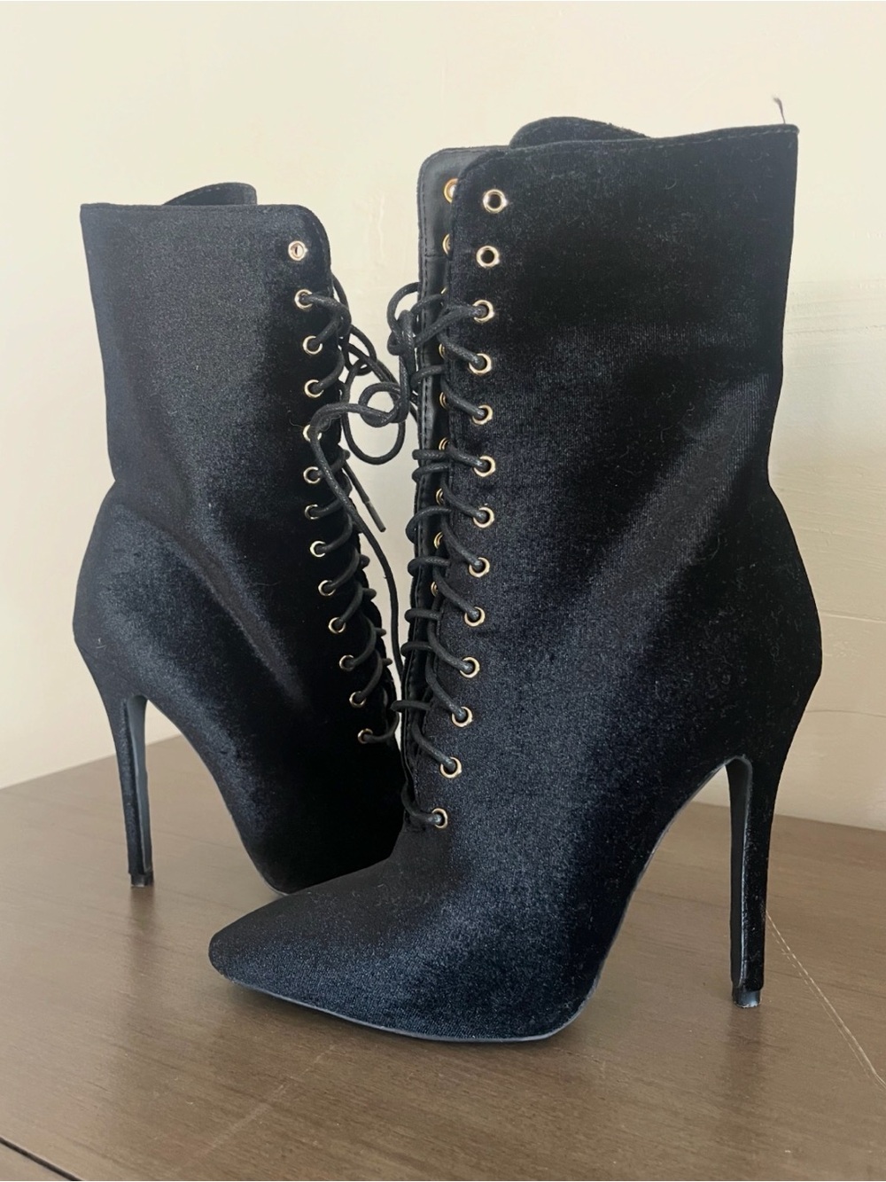 Black Velvet Lace-Up Stiletto Boots - Women